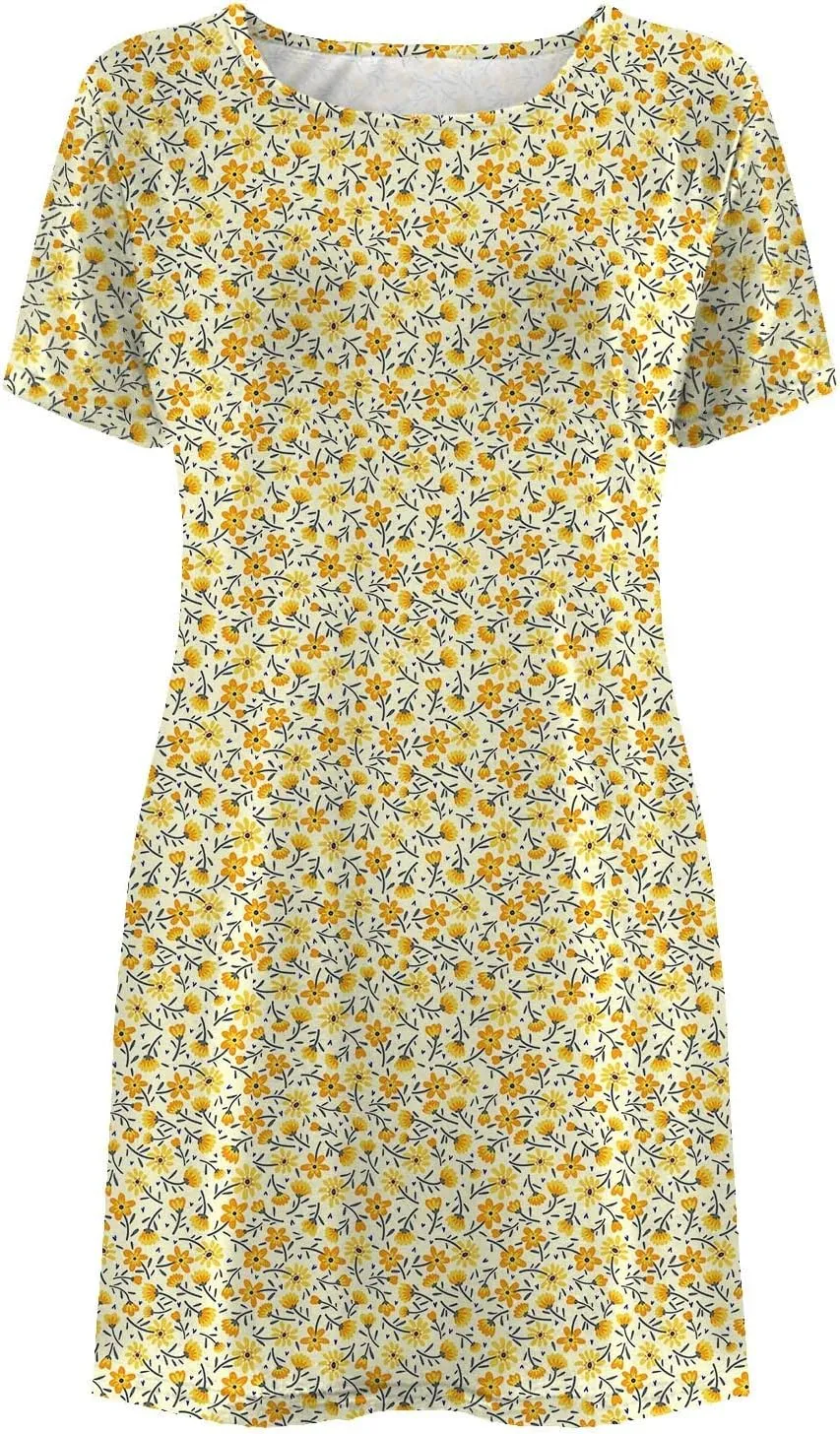 Short Sleeve Midi Dress for Women Floral Babydoll Dresses Crewneck Fit and Flare Dress Spring Break Dresses