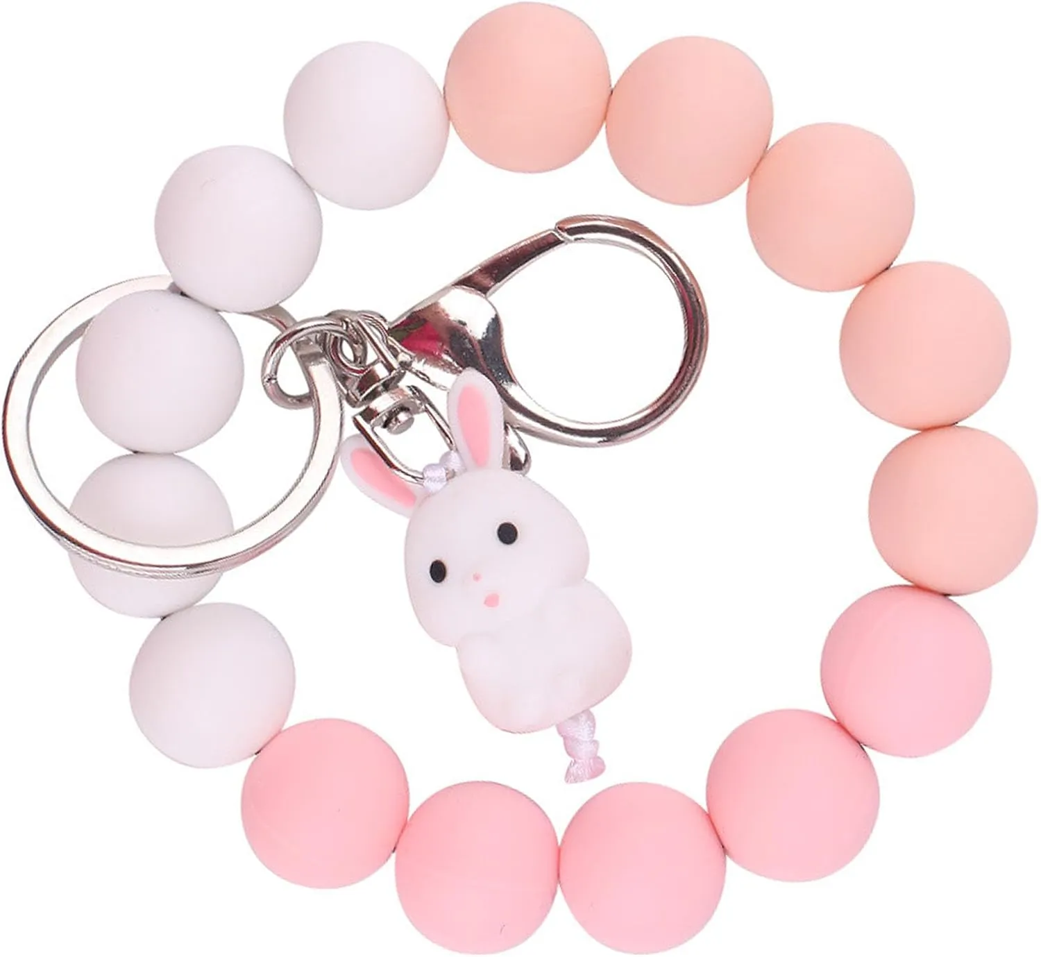 Silicone Beaded Wristlet Keychains with Charms, Rabbit Duck Dinosaur Cactus Bear Beads Key Ring Bracelet for Women