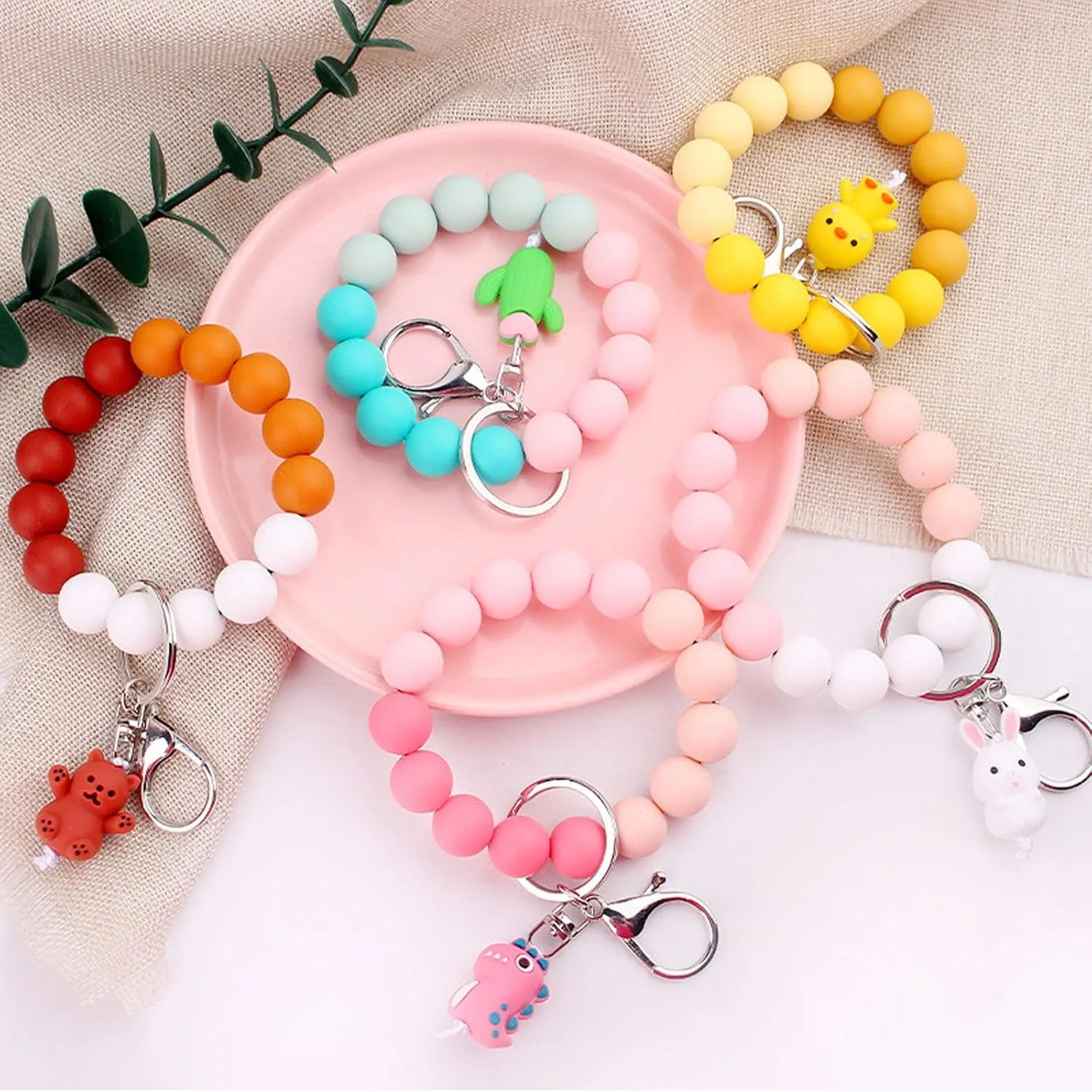 Silicone Beaded Wristlet Keychains with Charms, Rabbit Duck Dinosaur Cactus Bear Beads Key Ring Bracelet for Women