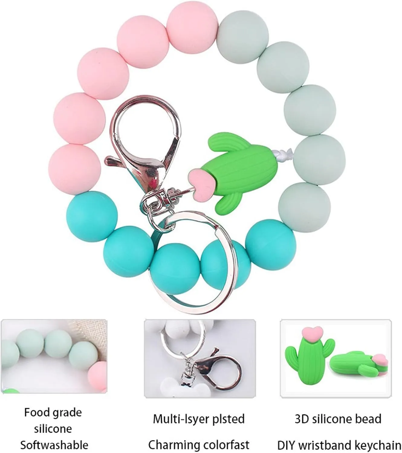 Silicone Beaded Wristlet Keychains with Charms, Rabbit Duck Dinosaur Cactus Bear Beads Key Ring Bracelet for Women