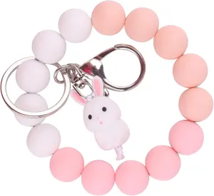 Silicone Beaded Wristlet Keychains with Charms, Rabbit Duck Dinosaur Cactus Bear Beads Key Ring Bracelet for Women