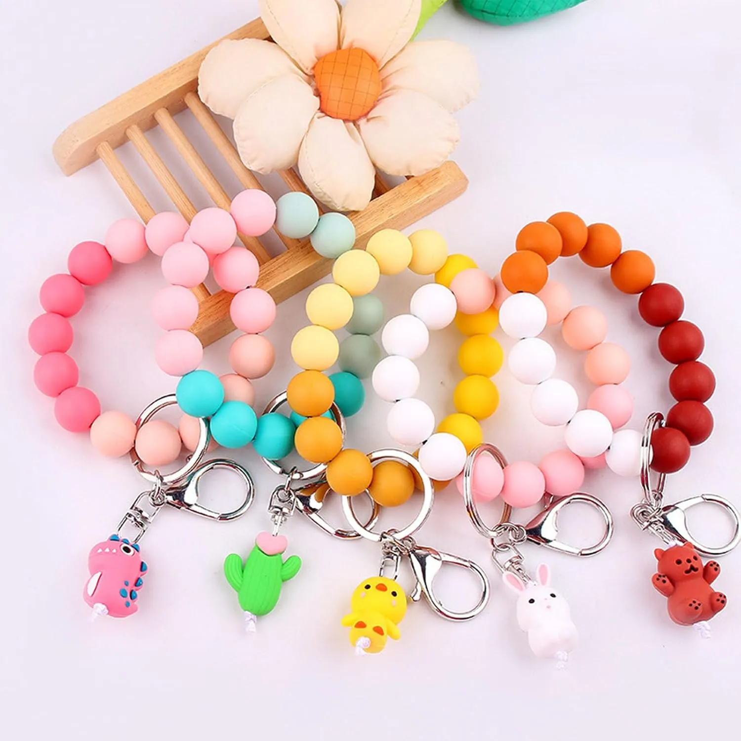 Silicone Beaded Wristlet Keychains with Charms, Rabbit Duck Dinosaur Cactus Bear Beads Key Ring Bracelet for Women