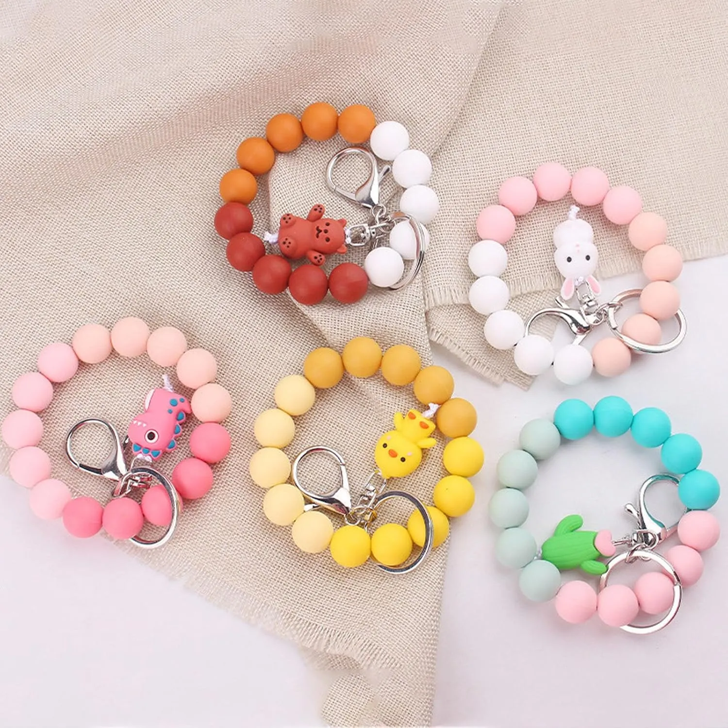 Silicone Beaded Wristlet Keychains with Charms, Rabbit Duck Dinosaur Cactus Bear Beads Key Ring Bracelet for Women