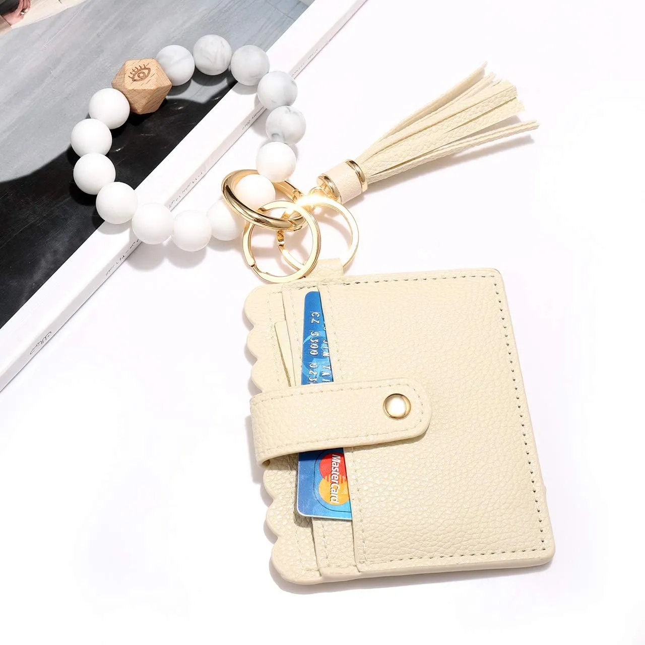 Silicone Wristlet Keychain Bracelet with Wallet, House Car Tassel Key Ring Pocket Card Holder
