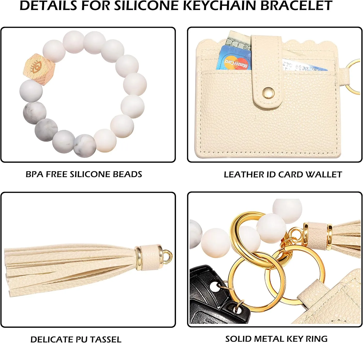 Silicone Wristlet Keychain Bracelet with Wallet, House Car Tassel Key Ring Pocket Card Holder