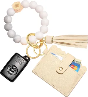 Silicone Wristlet Keychain Bracelet with Wallet, House Car Tassel Key Ring Pocket Card Holder