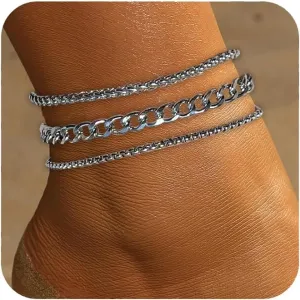 Silver Ankle Bracelets for Women Waterproof Stainless Steel Anklet Adjustable Layered Cuban Silver Anklets Set Summer Beach Foot Jewelry Gift