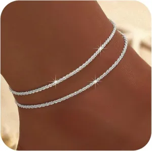 Silver Anklets for Women Sparkly Rhinestone Ankle Chain Layered Twist Rope Ankle Bracelets Waterproof Non Tarnish Anklets Summer Beach Foot Chain Jewelry Gifts for Her