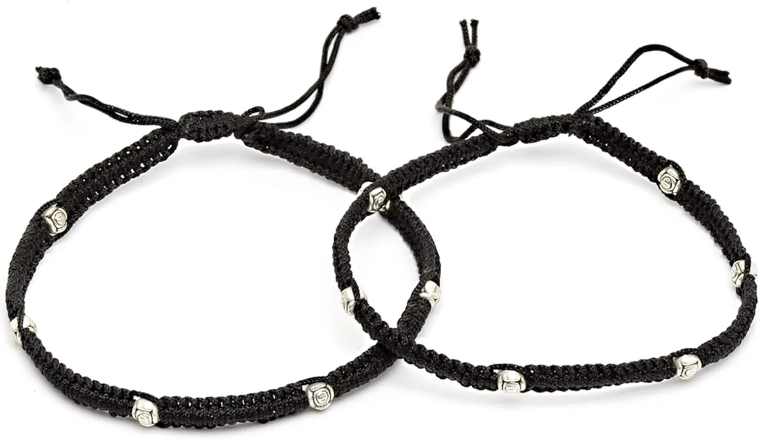 Silver Beaded Charms Black Thread Handmade Adjustable Anklet (Payal) for Women/Men/Unisex - Pack of 2