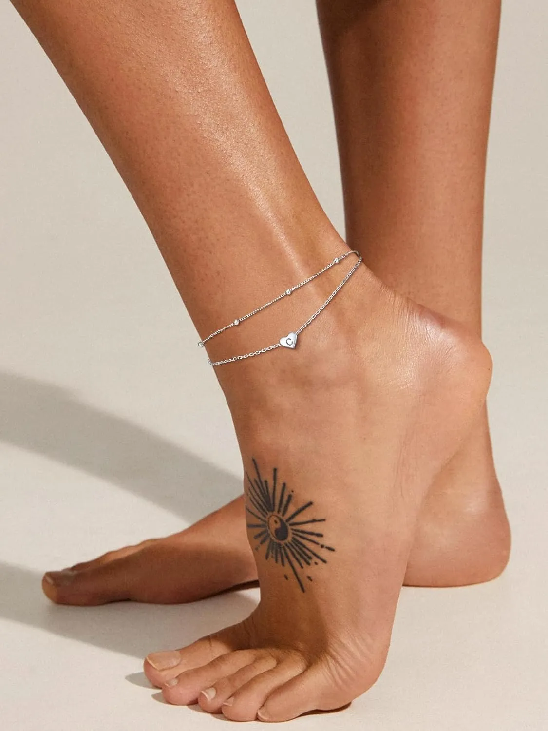 Silvora 925 Sterling Silver Anklets for Women Heart Anklet with Beaded Heart Initial Anklets for Womens