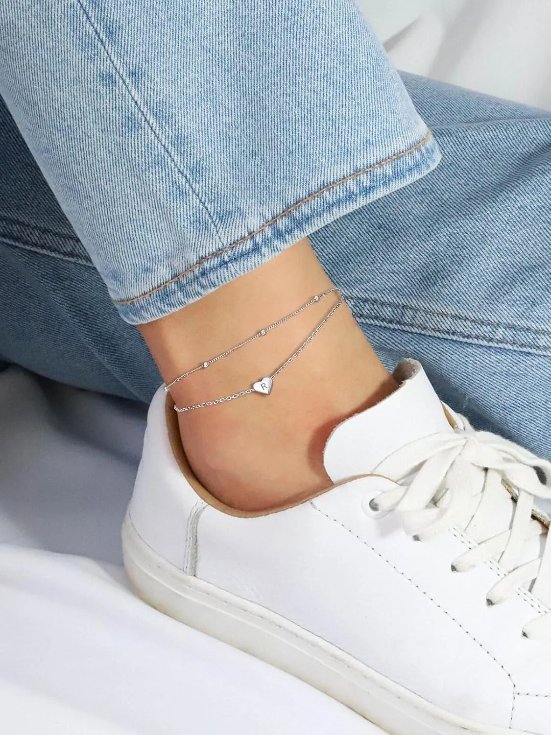Silvora 925 Sterling Silver Anklets for Women Heart Anklet with Beaded Heart Initial Anklets for Womens