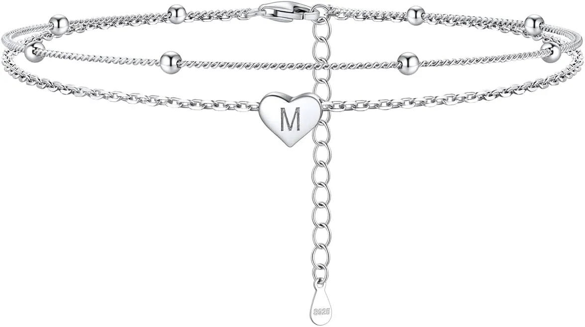 Silvora 925 Sterling Silver Anklets for Women Heart Anklet with Beaded Heart Initial Anklets for Womens