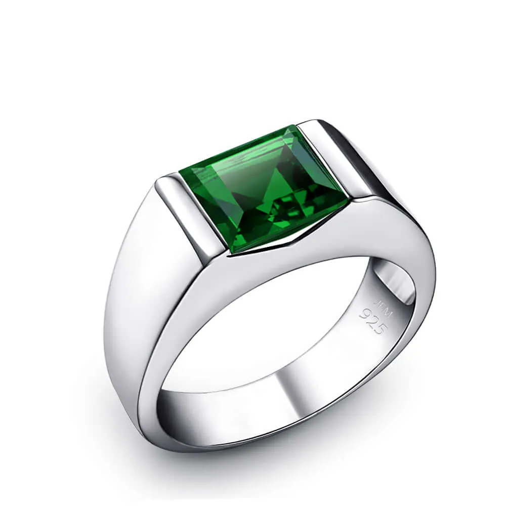 Simple Men's Ring Sterling Silver with Single Square Gemstone