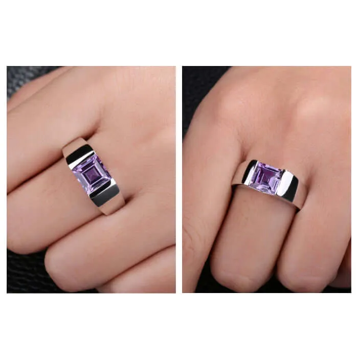 Simple Men's Ring Sterling Silver with Single Square Gemstone