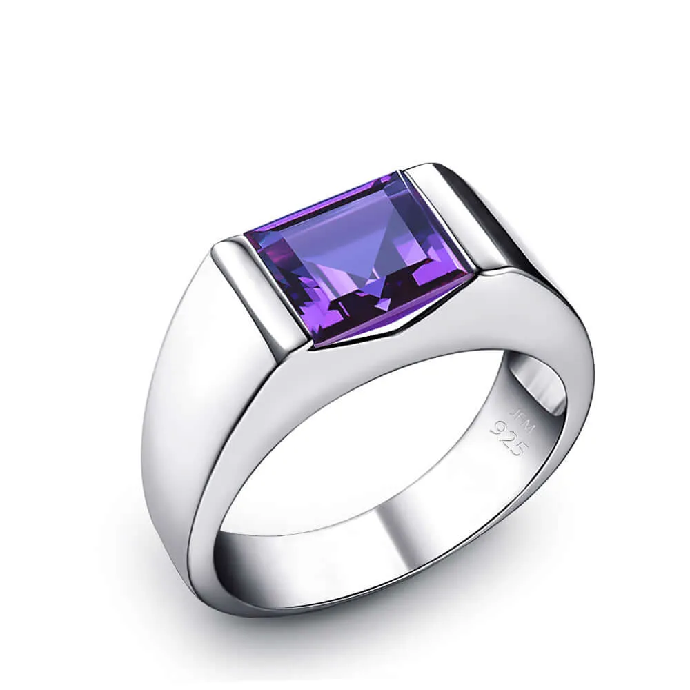 Simple Men's Ring Sterling Silver with Single Square Gemstone