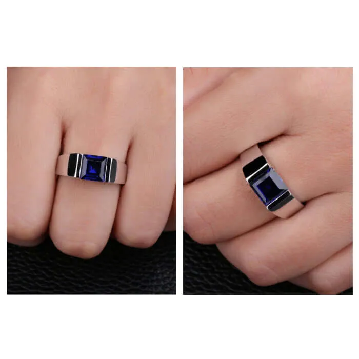Simple Men's Ring Sterling Silver with Single Square Gemstone