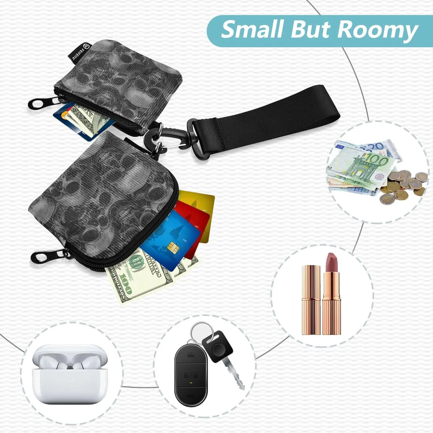 Skull Happy Halloween Black Horror Women's Card Cases Change Holder Mini Fashion Zipper Purse Wallet with Zipper Pocket for Work Travel 2 Pcs