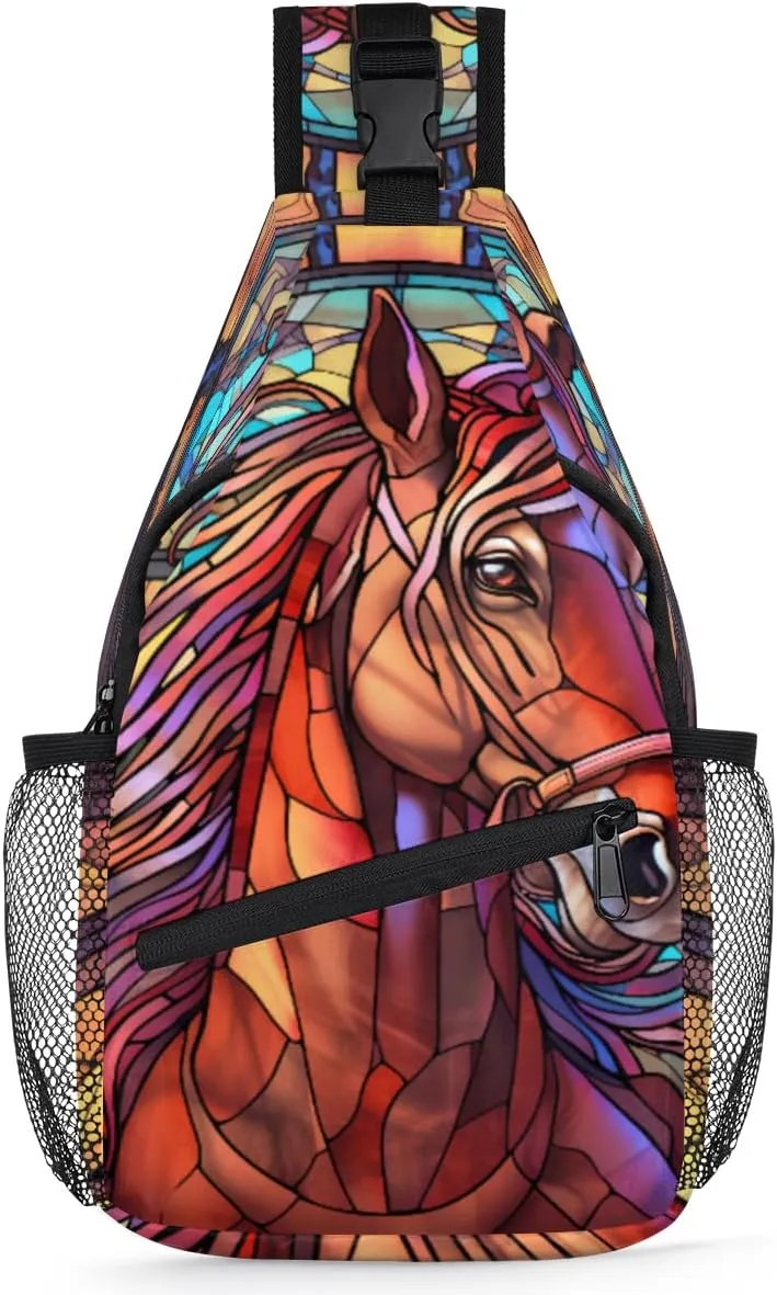 Sling Chest Bag for Women Crossbodysling Backpack for Men Crossbody with Water Bottle Holder Horse Moroccan Azulejo Shoulder Tactical Bag Fanny Packs for Travel Purses Anti Theft