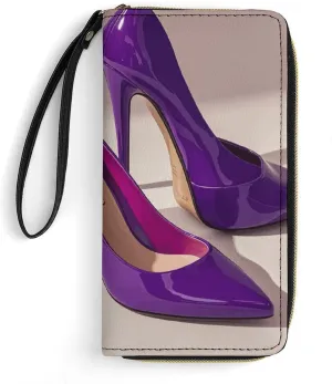 Small Leather Bag with Wristlet Elegant Purple High Heels with Lipstick Printed Genuine Leather Wallet for Men And Women Exquisite And Personalized Portable Wallet