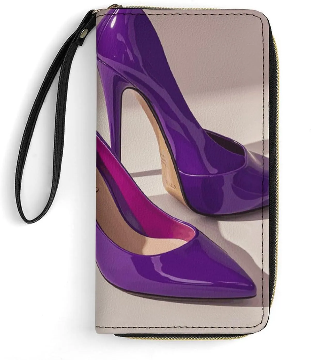 Small Leather Bag with Wristlet Elegant Purple High Heels with Lipstick Printed Genuine Leather Wallet for Men And Women Exquisite And Personalized Portable Wallet