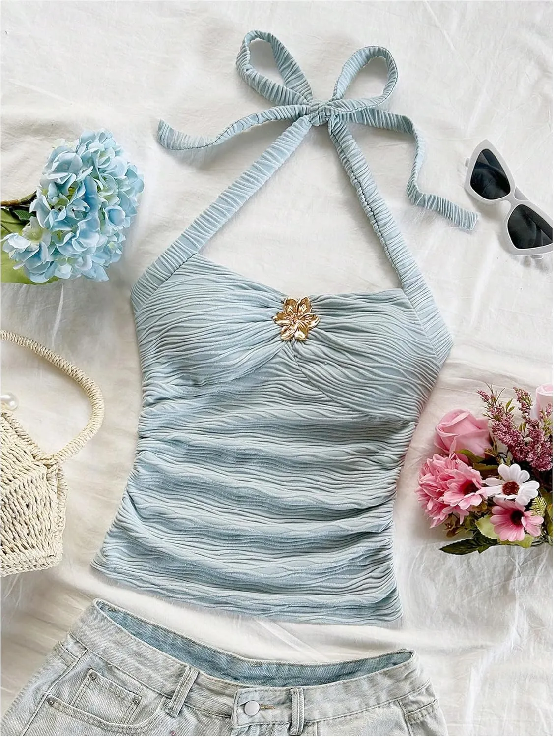 SOLY HUX Women's V Neck Halter Tops Open Back Y2k Ruched Floral Metal Summer Going Out Cami Tops