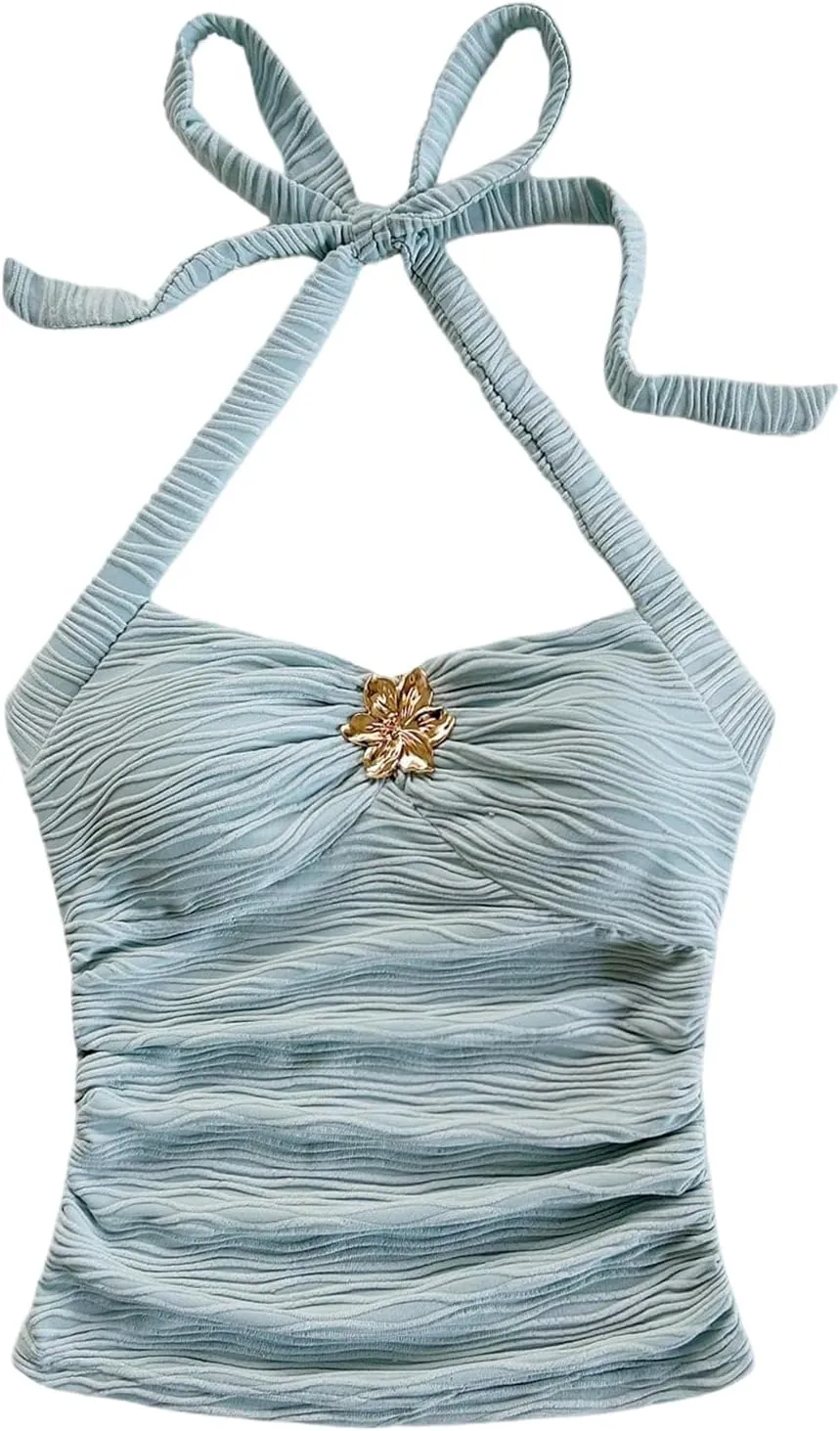 SOLY HUX Women's V Neck Halter Tops Open Back Y2k Ruched Floral Metal Summer Going Out Cami Tops