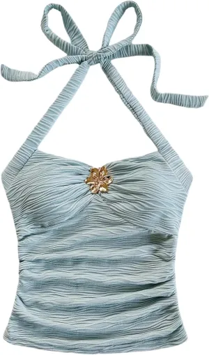 SOLY HUX Women's V Neck Halter Tops Open Back Y2k Ruched Floral Metal Summer Going Out Cami Tops