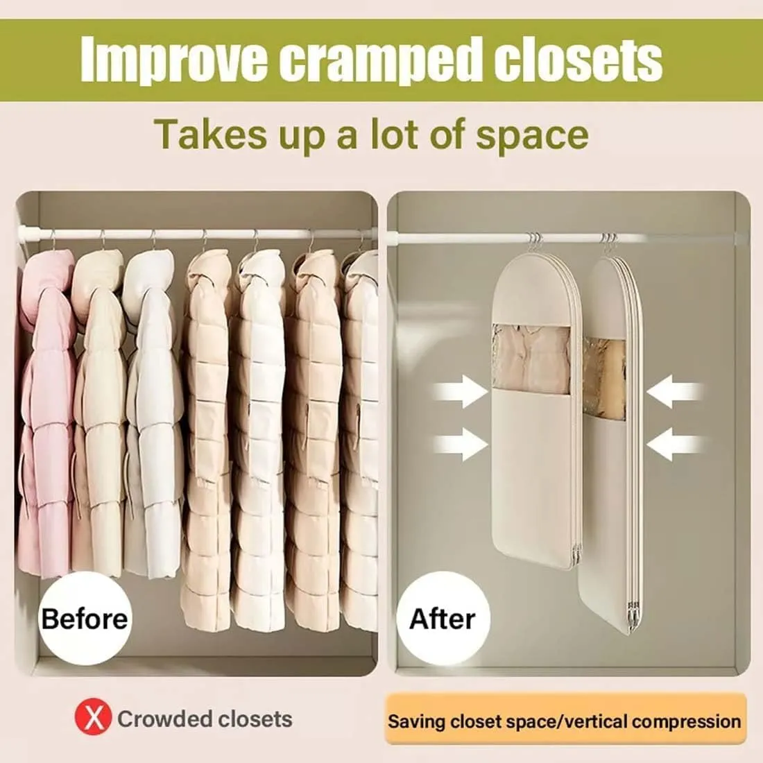 Space Saving Hanging Garment Bag with Self Compression Zipper for Coats, Down Jackets, Suits, Skirts, Dust and Moisture Proof, Neatly Hanging (Beige, Medium)