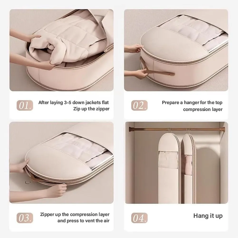 Space Saving Hanging Garment Bag with Self Compression Zipper for Coats, Down Jackets, Suits, Skirts, Dust and Moisture Proof, Neatly Hanging (Beige, Medium)