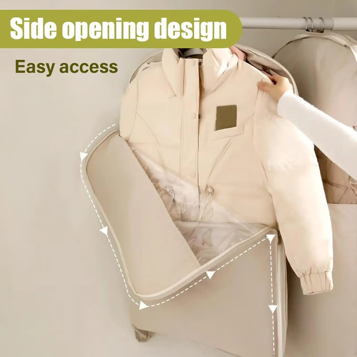 Space Saving Hanging Garment Bag with Self Compression Zipper for Coats, Down Jackets, Suits, Skirts, Dust and Moisture Proof, Neatly Hanging (Beige, Medium)