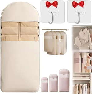 Space Saving Hanging Garment Bag with Self Compression Zipper for Coats, Down Jackets, Suits, Skirts, Dust and Moisture Proof, Neatly Hanging (Beige, Medium)