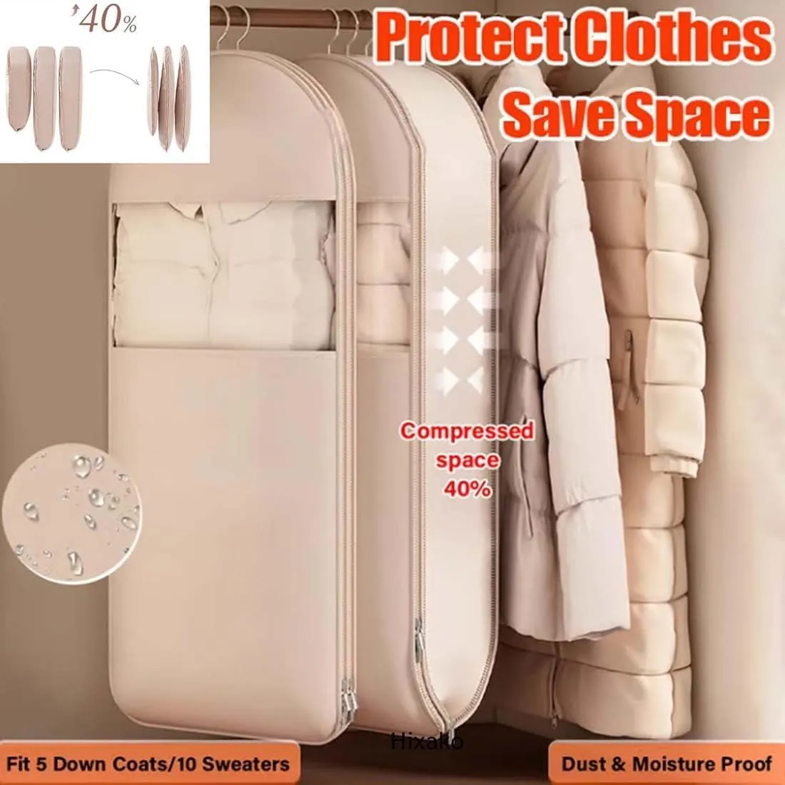 Space Saving Hanging Garment Bag with Self Compression Zipper for Coats, Down Jackets, Suits, Skirts, Dust and Moisture Proof, Neatly Hanging (Beige, Medium)