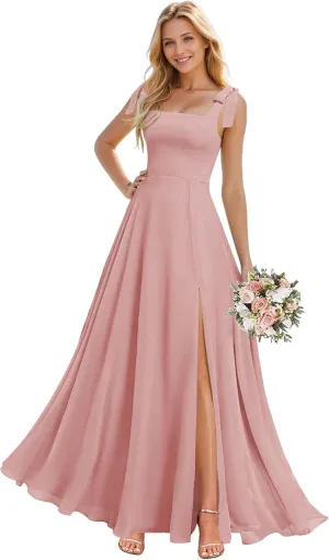 Spaghetti Straps Bridesmaid Dresses for Women Long Chiffon Formal Dresses with Slit