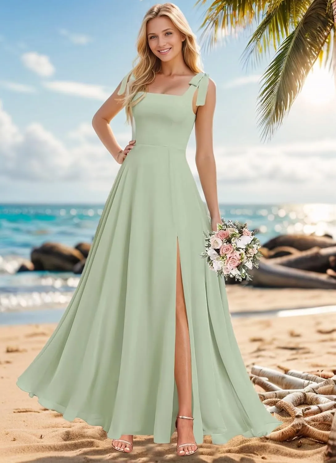 Spaghetti Straps Bridesmaid Dresses for Women Long Chiffon Formal Dresses with Slit
