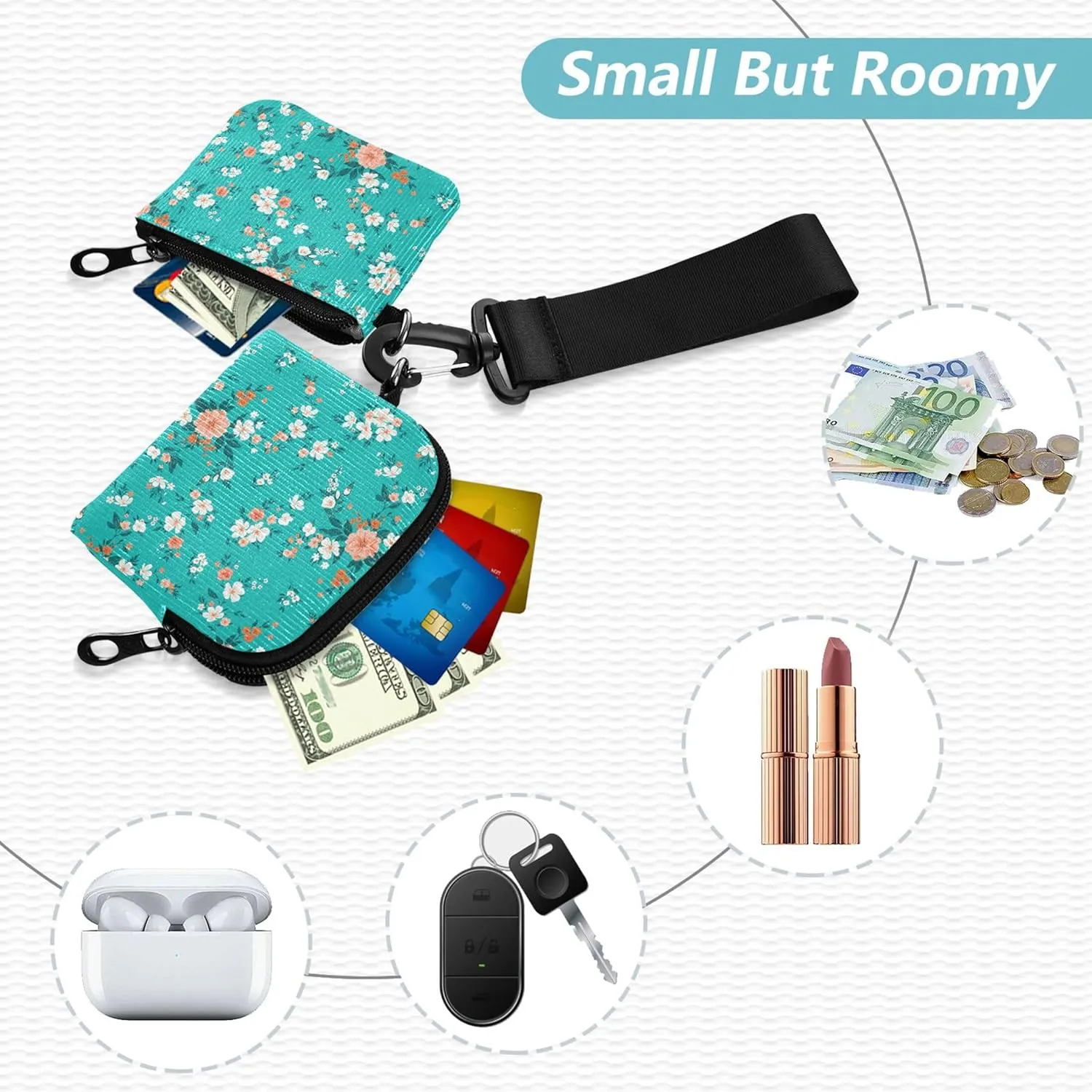 Spring Floral Teal Green Women's Dual Wallets Busniess Card Cases Minimalist Credit Card Wallet Case with Zipper Coin Pocket for Women Men 2 Packs