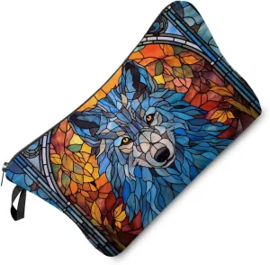 Stained Glass Wolf Makeup Bag Colorful Wolf Cute Small Organizer Bag Zipper Pouch Stained Glass Design Wolf Cosmetic Bag Present for Wolf Lovers Women Friends