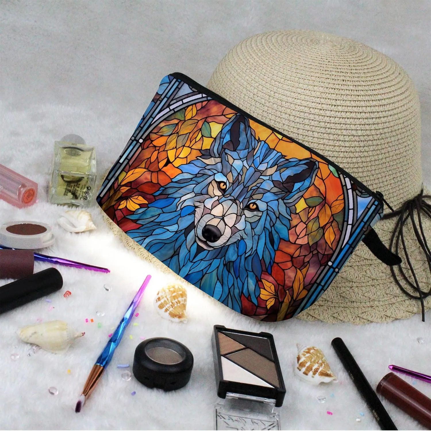 Stained Glass Wolf Makeup Bag Colorful Wolf Cute Small Organizer Bag Zipper Pouch Stained Glass Design Wolf Cosmetic Bag Present for Wolf Lovers Women Friends