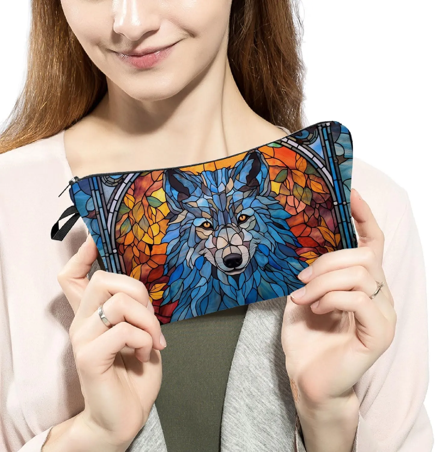 Stained Glass Wolf Makeup Bag Colorful Wolf Cute Small Organizer Bag Zipper Pouch Stained Glass Design Wolf Cosmetic Bag Present for Wolf Lovers Women Friends