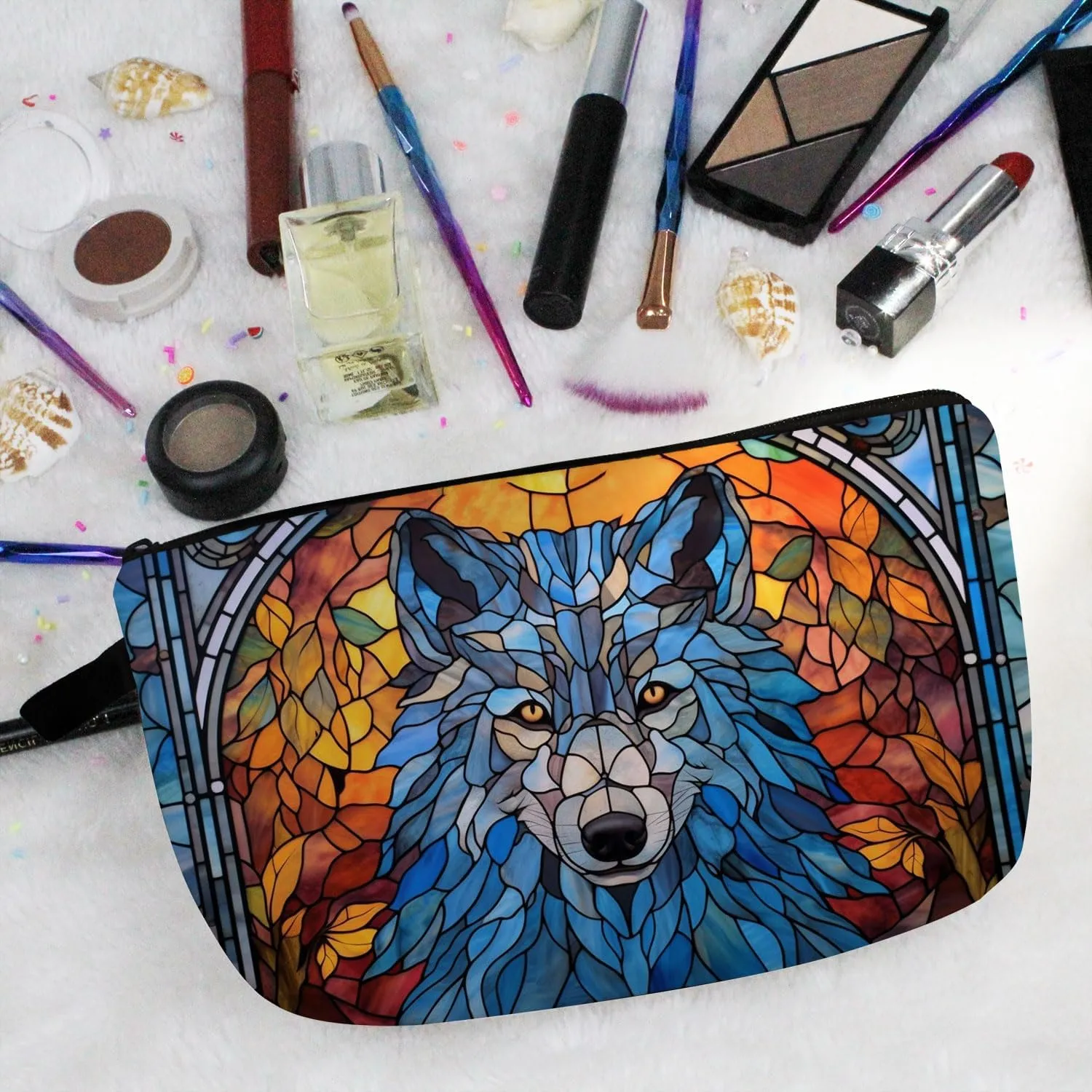 Stained Glass Wolf Makeup Bag Colorful Wolf Cute Small Organizer Bag Zipper Pouch Stained Glass Design Wolf Cosmetic Bag Present for Wolf Lovers Women Friends