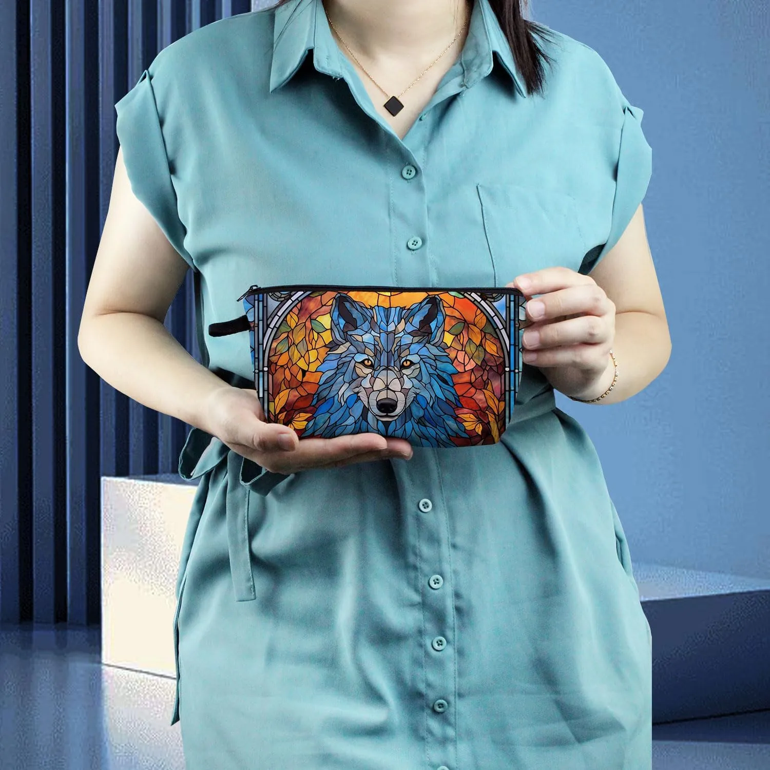 Stained Glass Wolf Makeup Bag Colorful Wolf Cute Small Organizer Bag Zipper Pouch Stained Glass Design Wolf Cosmetic Bag Present for Wolf Lovers Women Friends