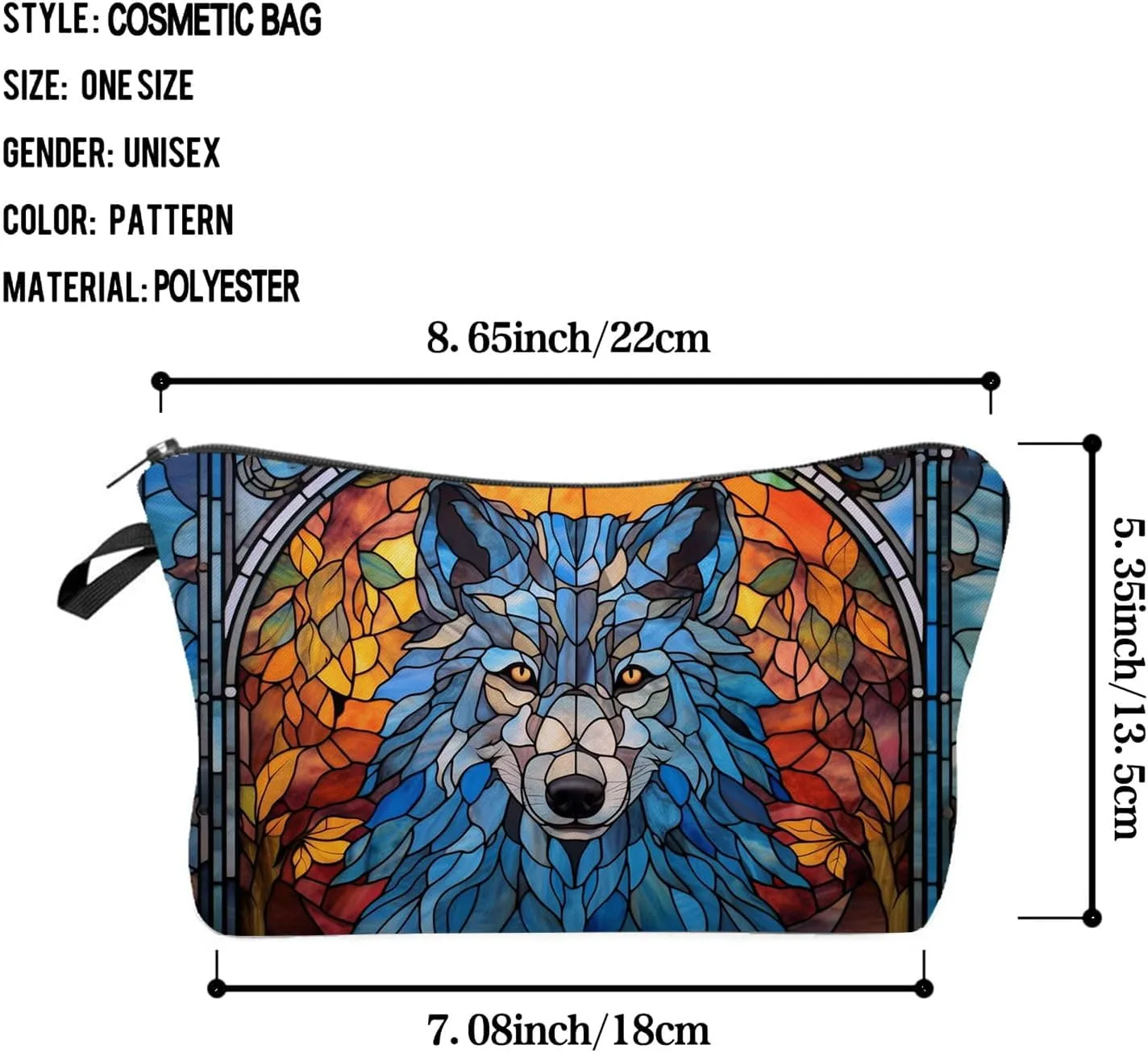 Stained Glass Wolf Makeup Bag Colorful Wolf Cute Small Organizer Bag Zipper Pouch Stained Glass Design Wolf Cosmetic Bag Present for Wolf Lovers Women Friends