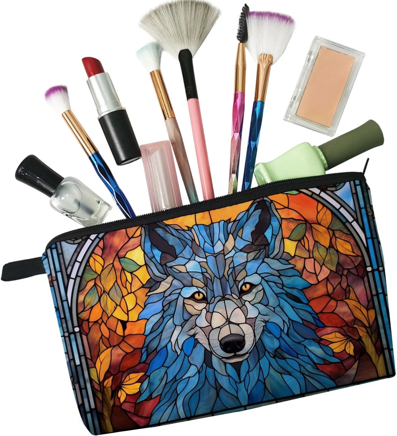 Stained Glass Wolf Makeup Bag Colorful Wolf Cute Small Organizer Bag Zipper Pouch Stained Glass Design Wolf Cosmetic Bag Present for Wolf Lovers Women Friends