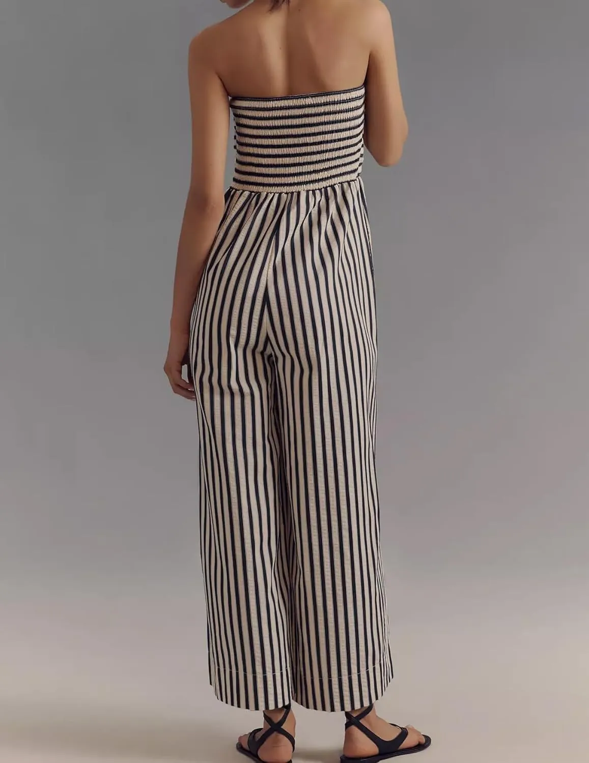 Strapless Tie Front Striped Jumpsuit Long Rompers for Women 2025 Summer One Piece Jumpsuits with Pockets