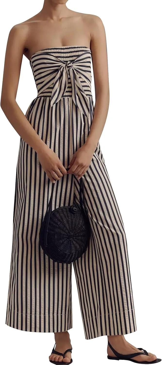 Strapless Tie Front Striped Jumpsuit Long Rompers for Women 2025 Summer One Piece Jumpsuits with Pockets