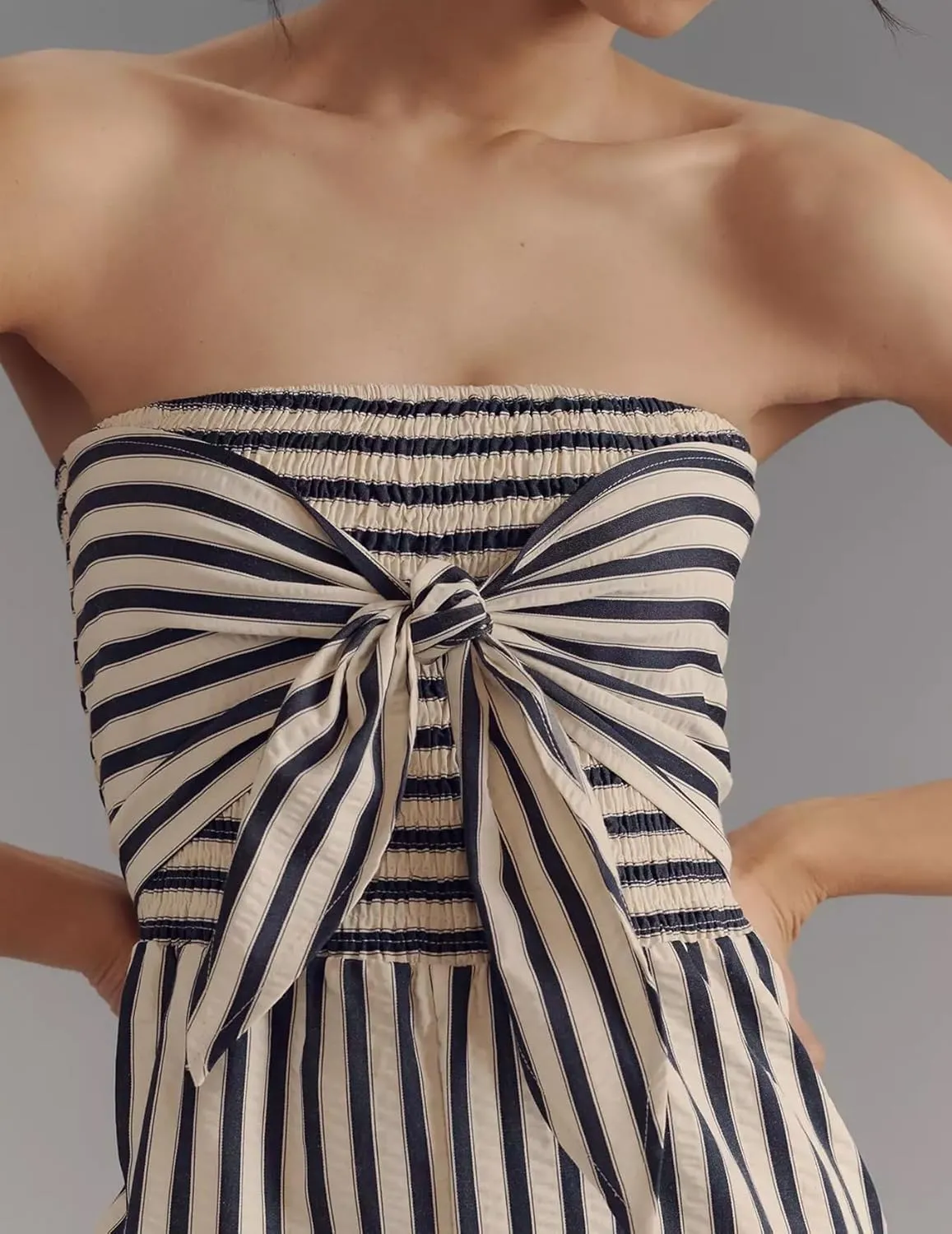 Strapless Tie Front Striped Jumpsuit Long Rompers for Women 2025 Summer One Piece Jumpsuits with Pockets