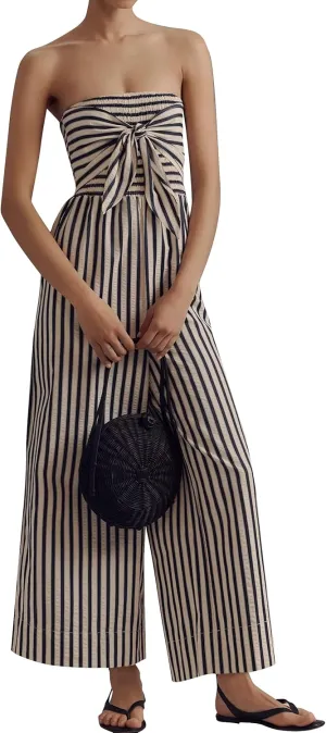 Strapless Tie Front Striped Jumpsuit Long Rompers for Women 2025 Summer One Piece Jumpsuits with Pockets