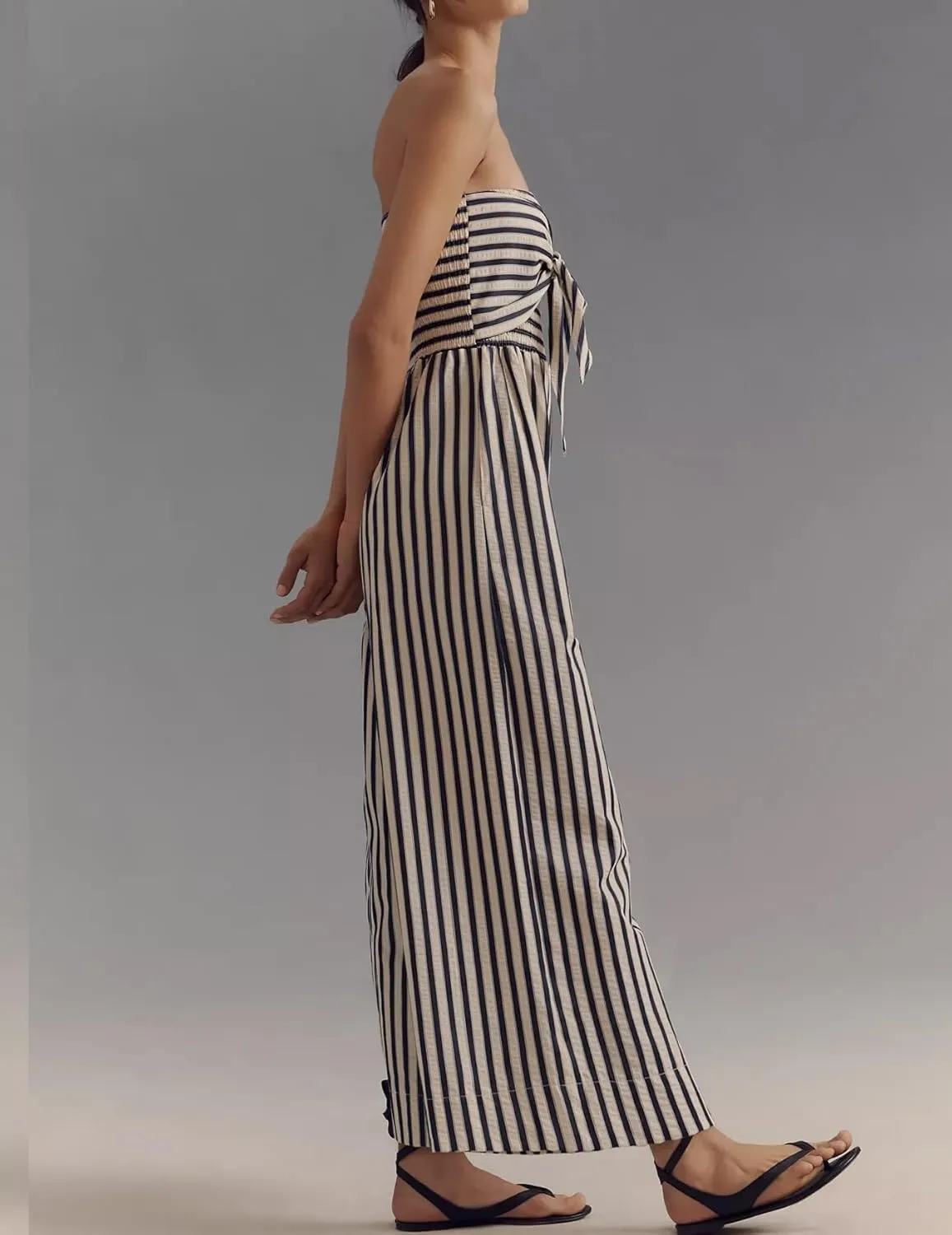 Strapless Tie Front Striped Jumpsuit Long Rompers for Women 2025 Summer One Piece Jumpsuits with Pockets