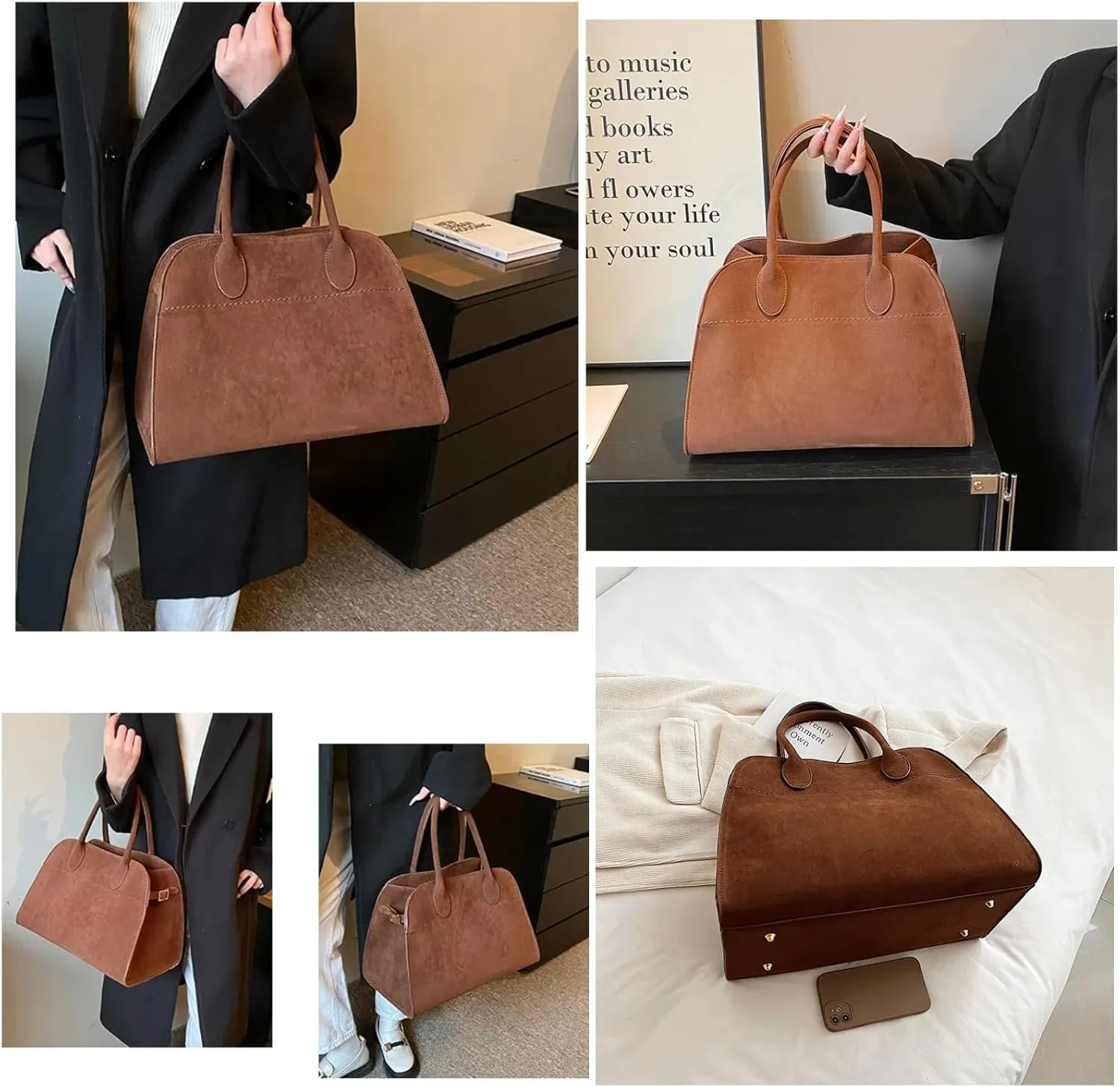 Suede Tote Bag for Women, Womens Purse Slouchy Hobo Handbag Brown Retro Top Handle Bag, Fashion Shoulder Satchel Work Bags
