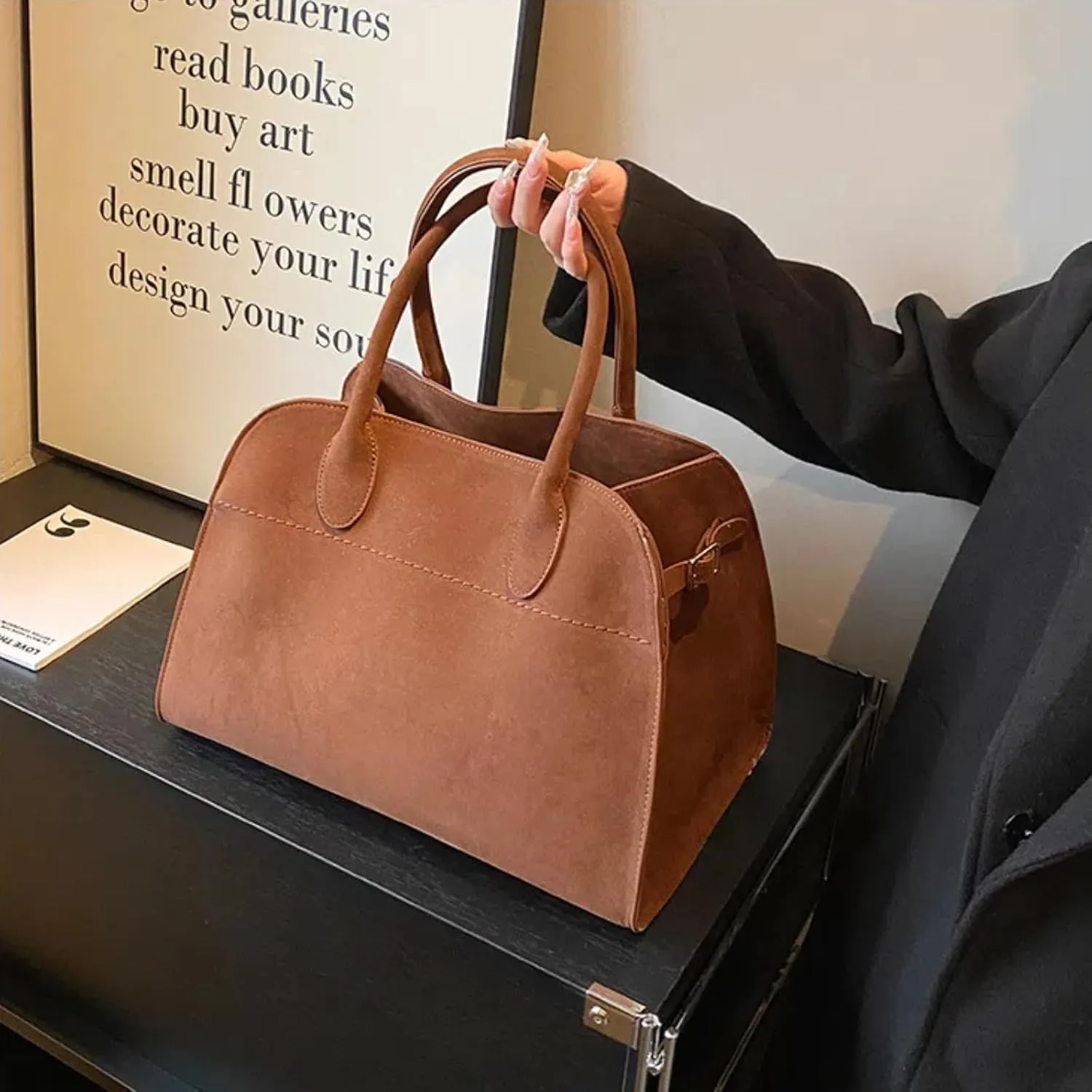 Suede Tote Bag for Women, Womens Purse Slouchy Hobo Handbag Brown Retro Top Handle Bag, Fashion Shoulder Satchel Work Bags