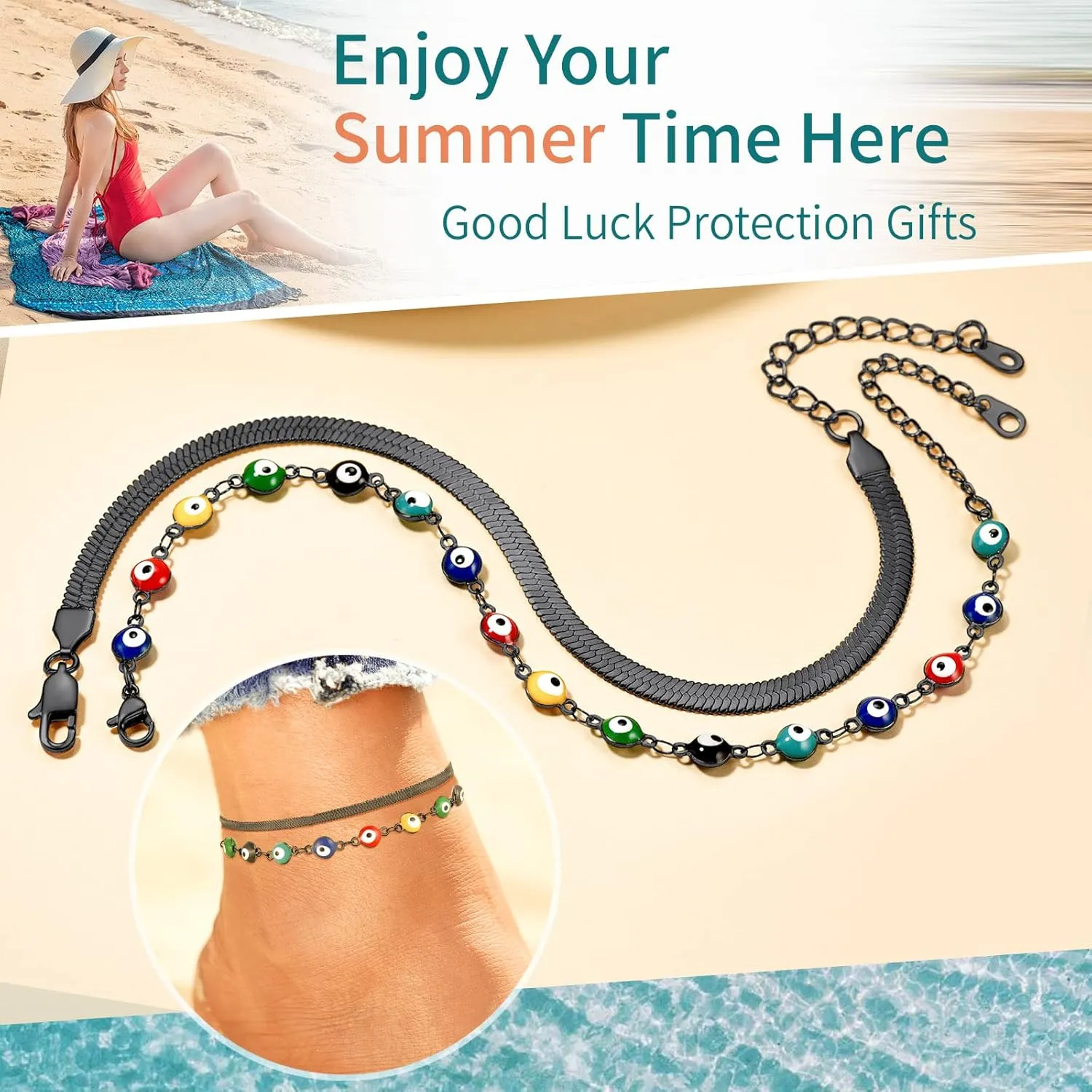 Supcare Evil Eye Anklets for Women,Cuban/Figaro/Mariner/Snake Chain Layered Ankle Bracelet Gifts (with Gift Packing)